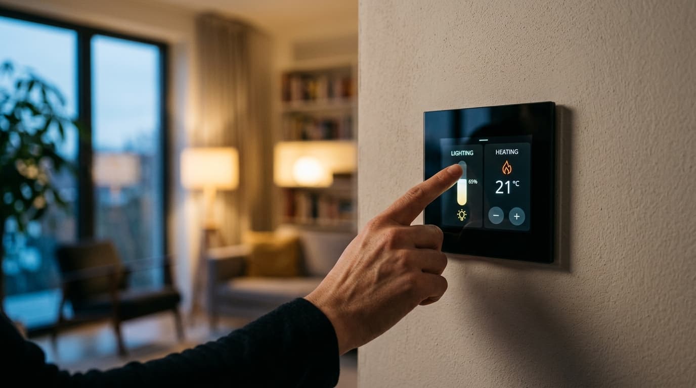 Hand bedient ein Smart-Home-Wandpanel für Licht und Heizung